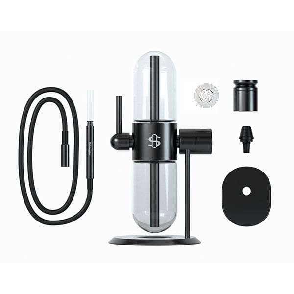 Centered front view of the St?ºndenglass Gravity Infuser in clear glass and black metal with its hose and accessories arranged neatly on a white background