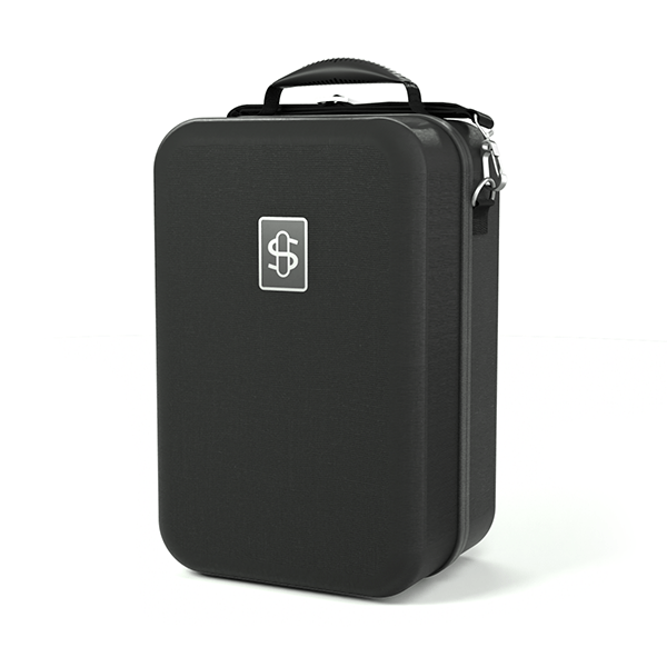 Front view of the Stündenglass Kompact Gravity Infuser, a sleek, black device angled slightly on a neutral background.