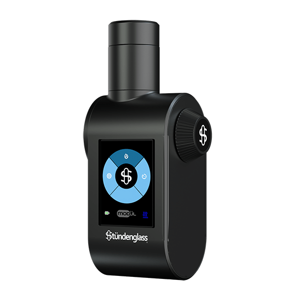 Front view of the Stündenglass Modül for Dry Material, a sleek, black cylindrical device with a reflective surface.