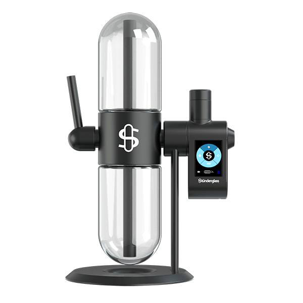 Front view of the Stündenglass Modül for Dry Material, featuring a cylindrical glass chamber and sleek black base.