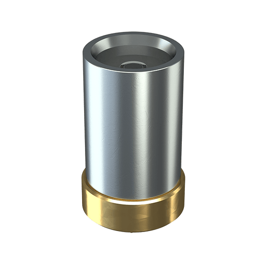 Front view of the Stündenglass Modül Quartz Concentrate Tank, showcasing its cylindrical shape and metallic finish against a white background.