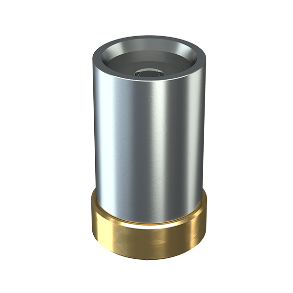 Front view of the Stündenglass Modül Quartz Concentrate Tank, showcasing its cylindrical shape and metallic finish against a white background.