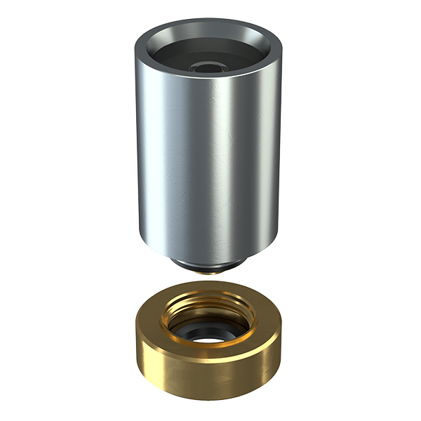 A studio shot of the Stündenglass Modül Quartz Concentrate Tank, featuring a gold base beneath a clear, cylindrical glass module.