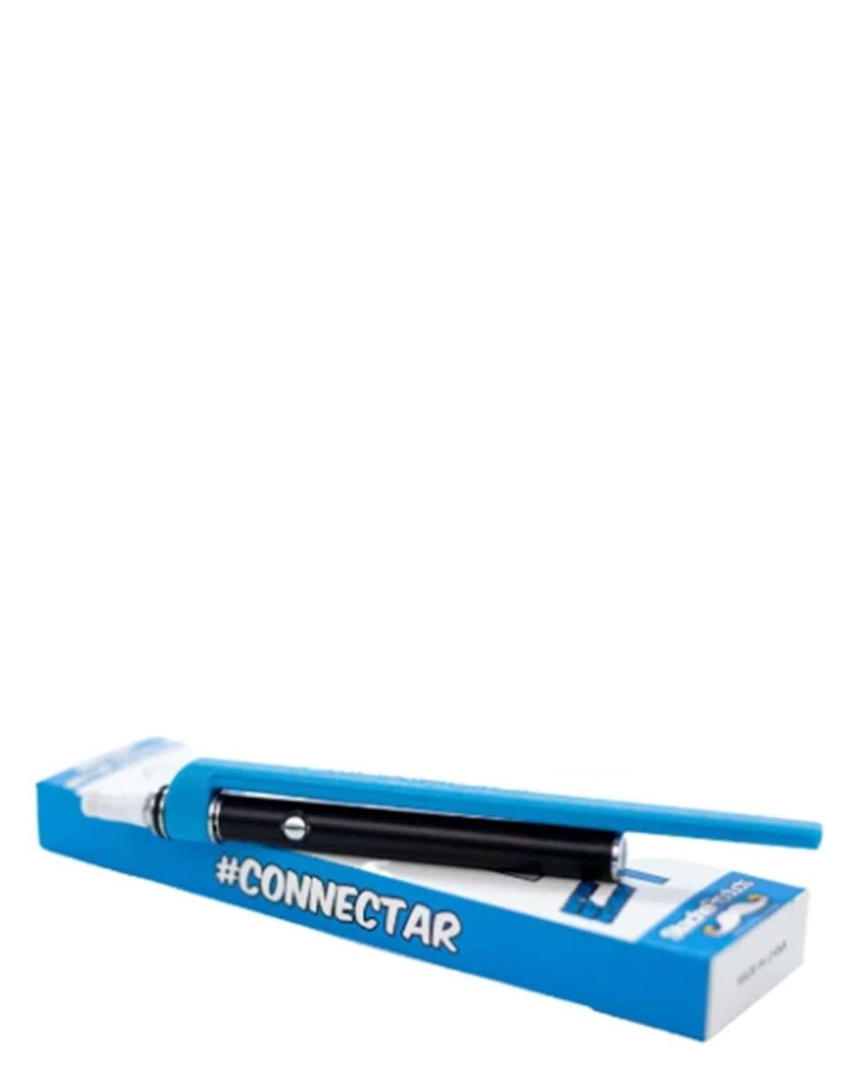 Front view of the ConNectar, a clear glass piece with a simple, cylindrical shape and branded packaging.