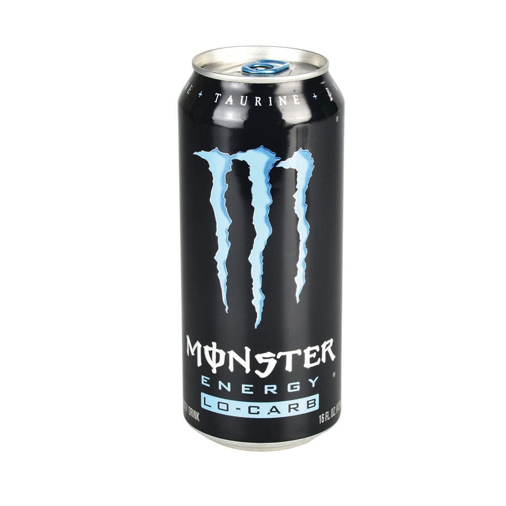 Front three-quarter view of a black 16oz Monster Energy Drink Diversion Stash Safe with a blue claw logo centered on a white background