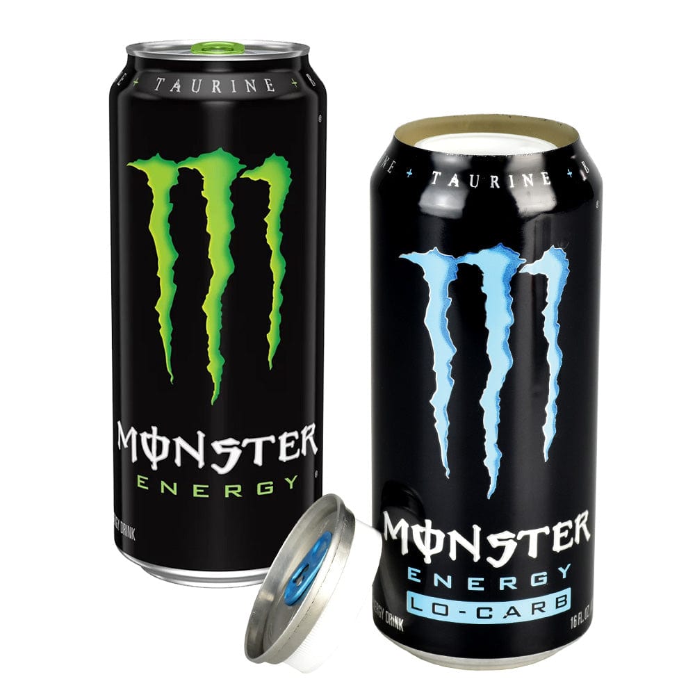 Angled view of a blue Monster Energy Drink Diversion Stash Safe - 16oz styled like two black energy cans with green and blue claw logos on a white background