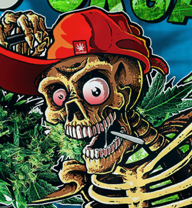Close-up of a grinning skeleton wearing a red cap amid green foliage in the Dont Panic Greens Blue Tie dye.