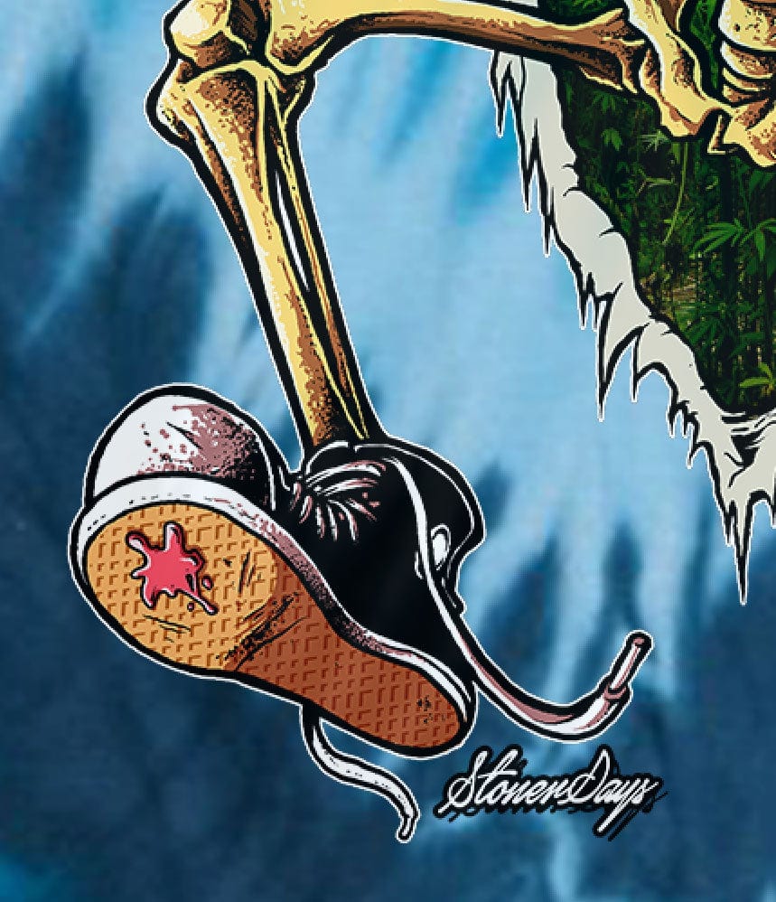 Close-up of a dangling sneaker and skeletal leg on a blue tie-dye background in the Dont Panic Greens Blue Tie dye design.