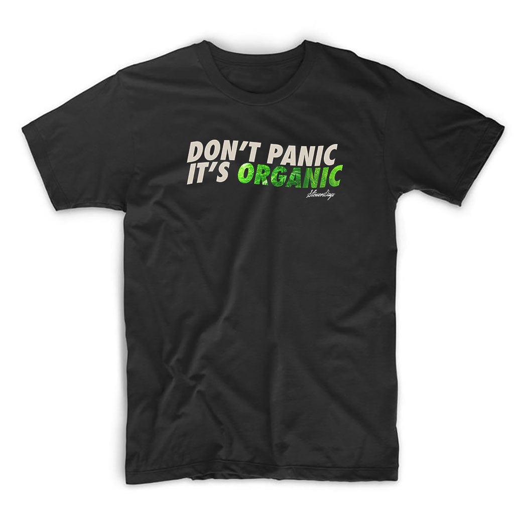 Front view of the Dont Panic Greens Tee, a dark green t-shirt with a simple, clean design.