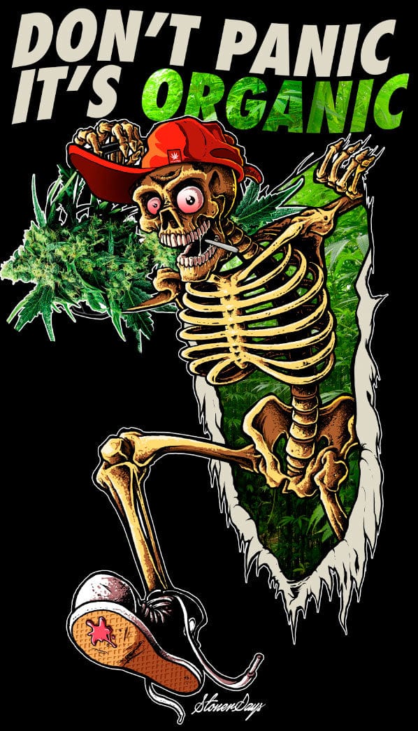 Front view of the Dont Panic Greens Tee featuring a skeleton wearing a hat surrounded by leaves.