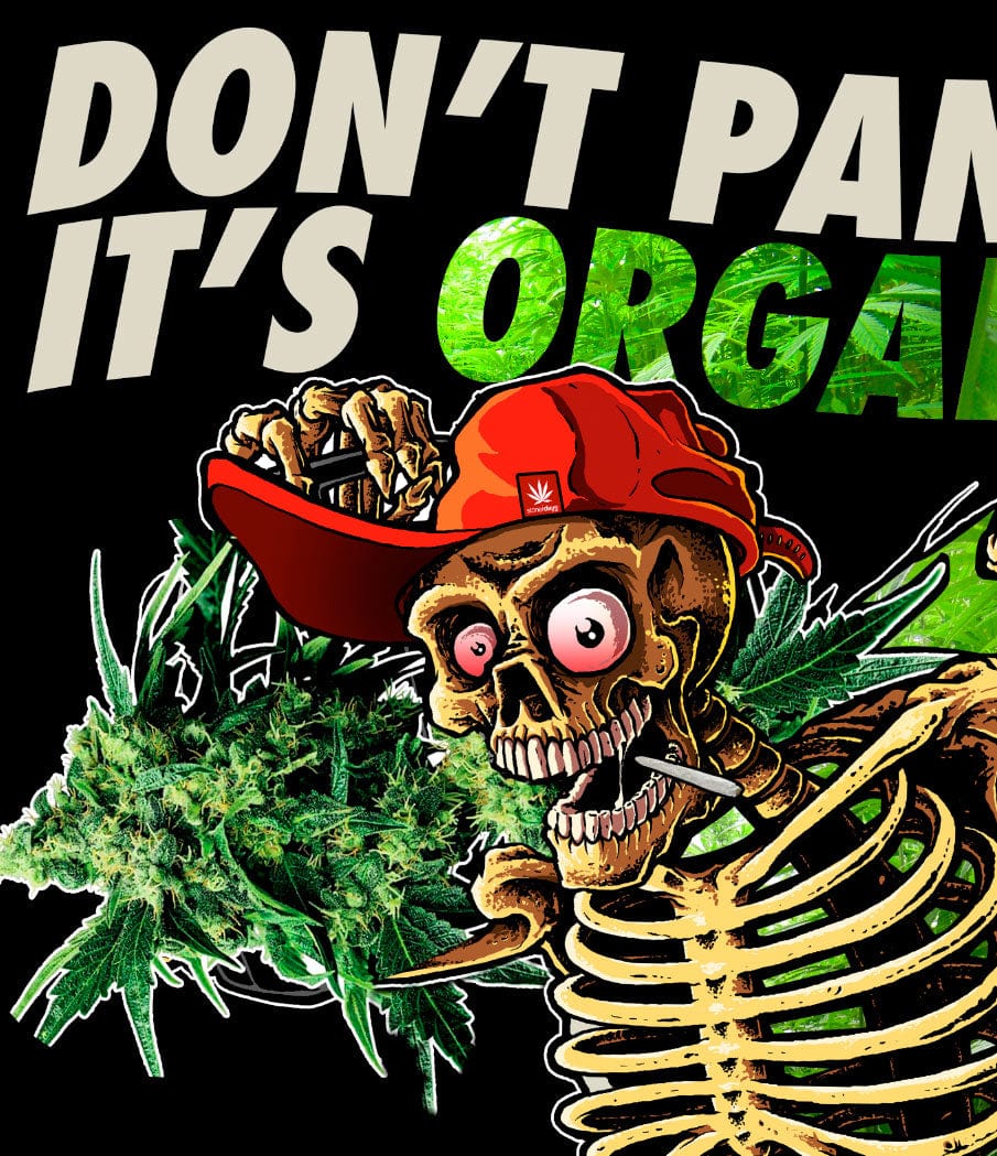 A vibrant graphic features the "Dont Panic Greens Tee" design with stylized green leaves surrounding bold typography.