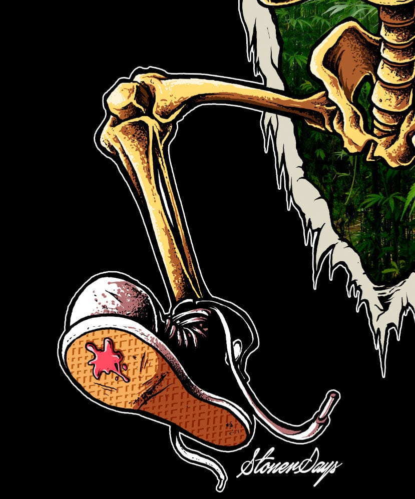 A close-up of the Dont Panic Greens Tee design featuring a melting, skeletal hand holding a bright green object.