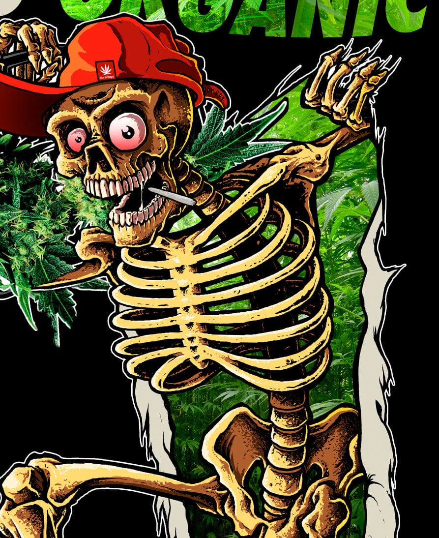 A close-up view of the Dont Panic Greens Tee graphic, depicting a skeleton emerging from foliage with bold text.