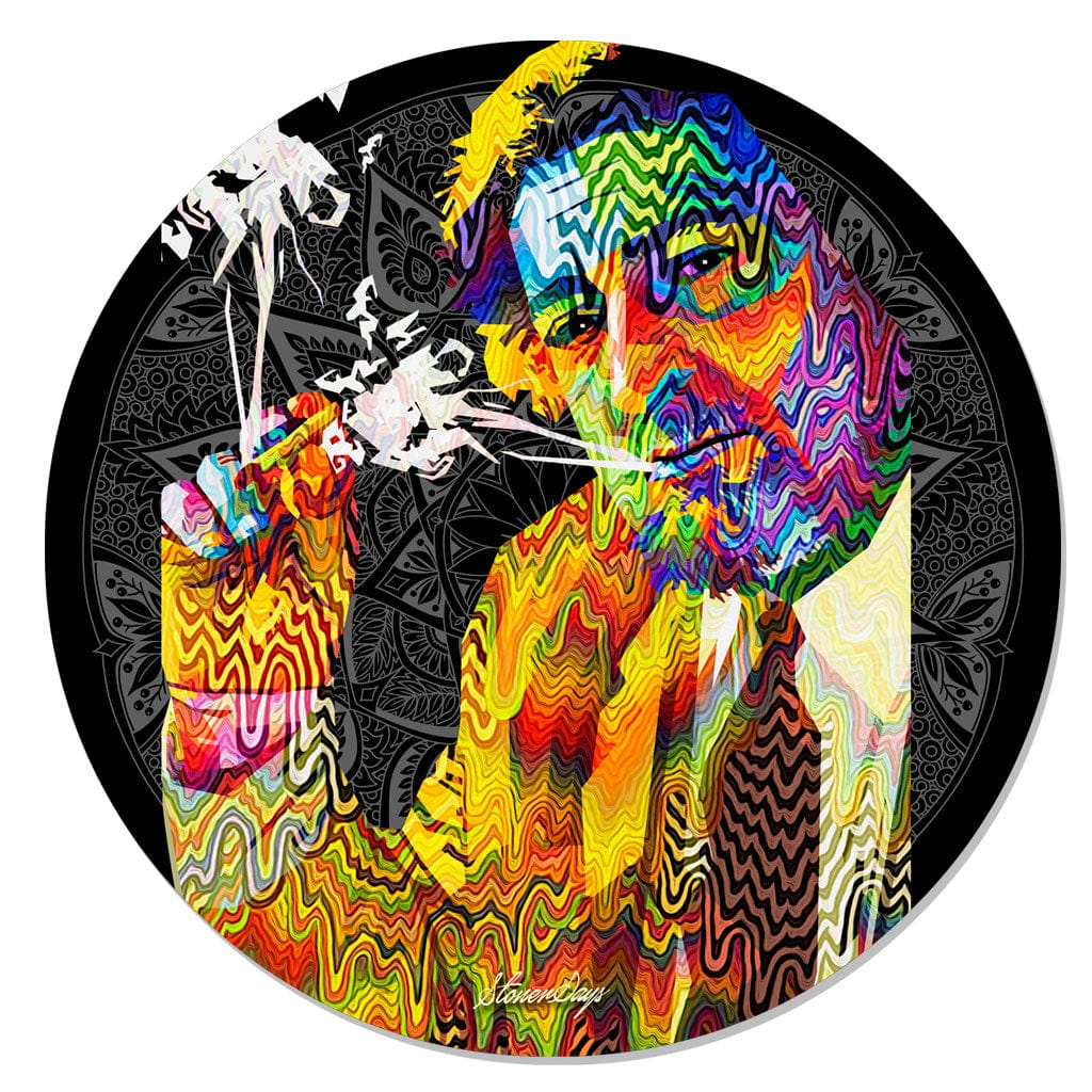 A vibrant, circular Pop Art Dab Mats design features a stylized hand with a dab rig against a patterned black background.