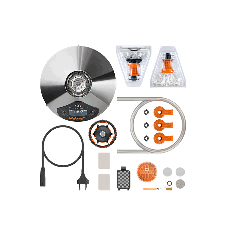 A top-down view of the disassembled Storz & Bickel Volcano Hybrid Desktop Vaporizer, showing various components on a white background.