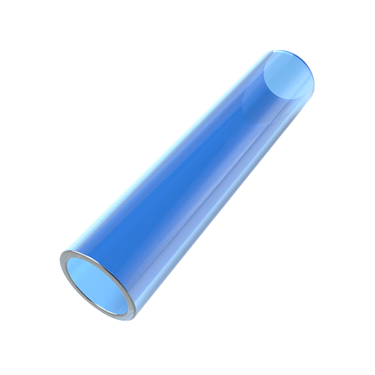 A close-up, angled view of the Blue Glass Hose Tip, showcasing its clear glass construction.