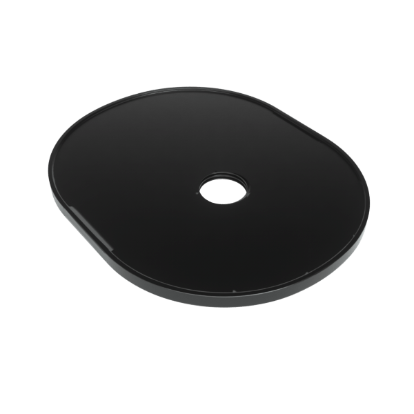 Angled top view of a glossy black Charcoal Tray with a centered circular hole, lit to show its smooth rounded edges