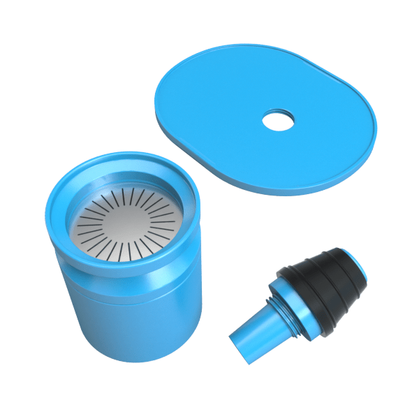 Top-down view of the Cookies X Stündenglass Infusion Chamber Assembly in metallic blue showing the open chamber, perforated insert, flat lid with center hole, and a separate nozzle.