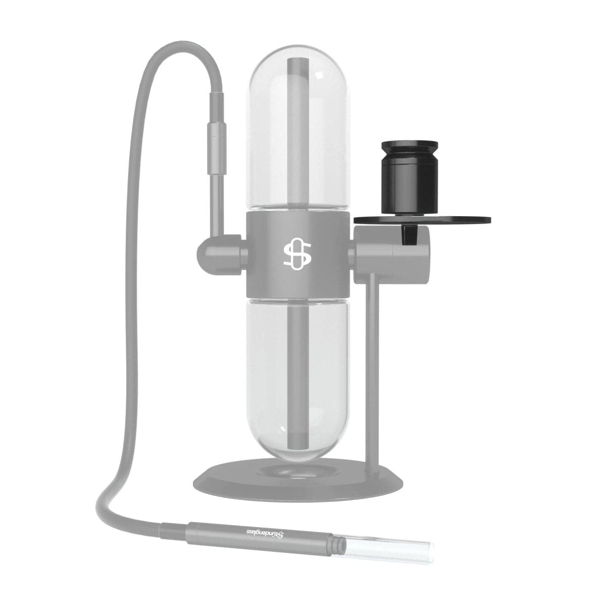 Center-front view of the Cookies X Stündenglass Infusion Chamber Assembly on a white background, showing its clear vertical glass chamber, black metal base and mouthpiece hose coiled to the left.