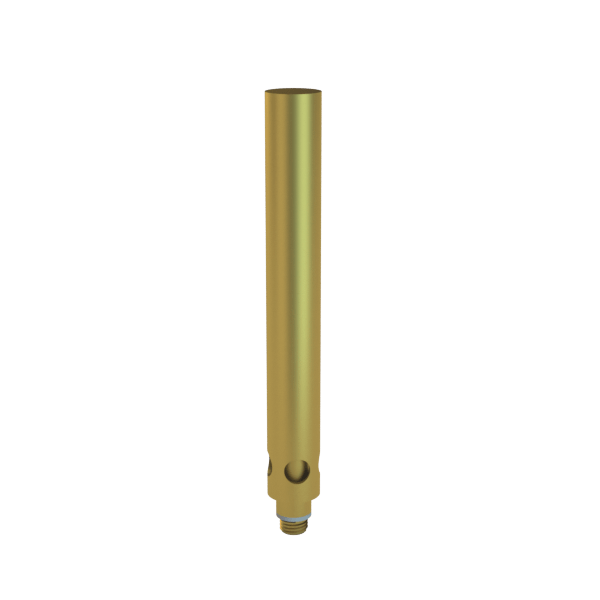 Center-framed vertical view of Dr. Greenthumb's X Stündenglass Upstem (Large), a metallic gold cylindrical tube with threaded base and two side cutouts.