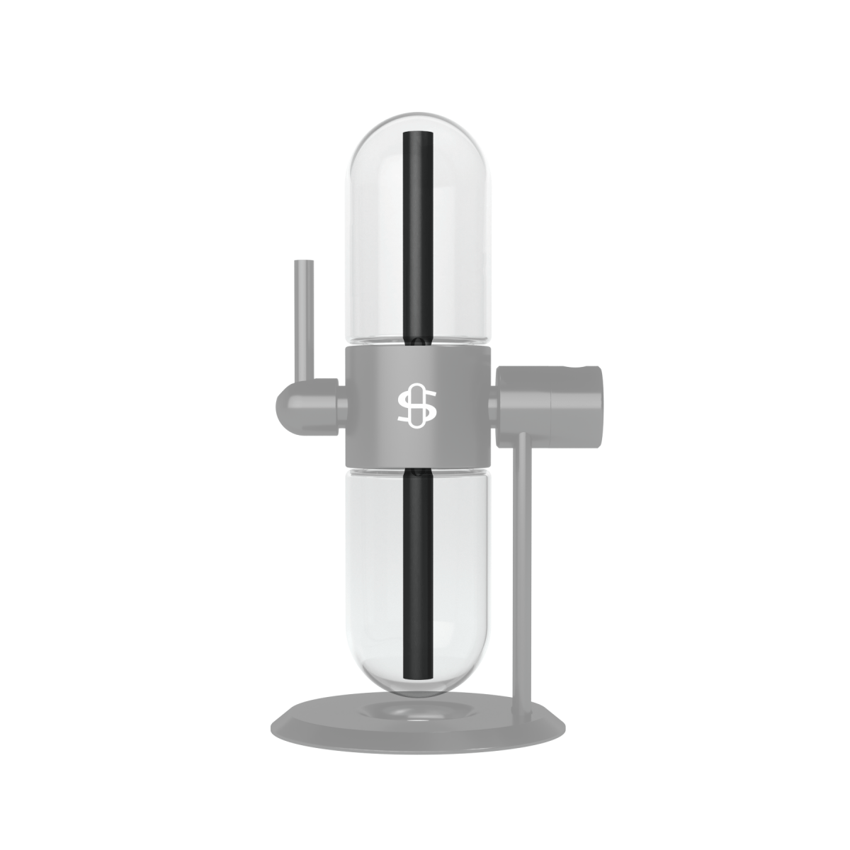 Center-frontal view of Dr. Greenthumb's X Stündenglass Upstem (Large) showing its vertical dual glass chambers, central black tube, and gray metal base and hub.
