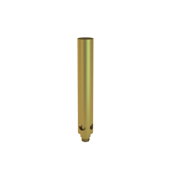 Centered front view of Dr. Greenthumb's X Stündenglass Upstem (Small), a slim metallic gold cylindrical tube with twin side holes and threaded base on a plain white background