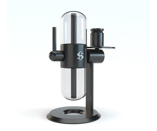 Three-quarter view of the Glass Globe Kit (Small) showing a vertical clear glass globe mounted in a black metal frame with a round base and side handles.