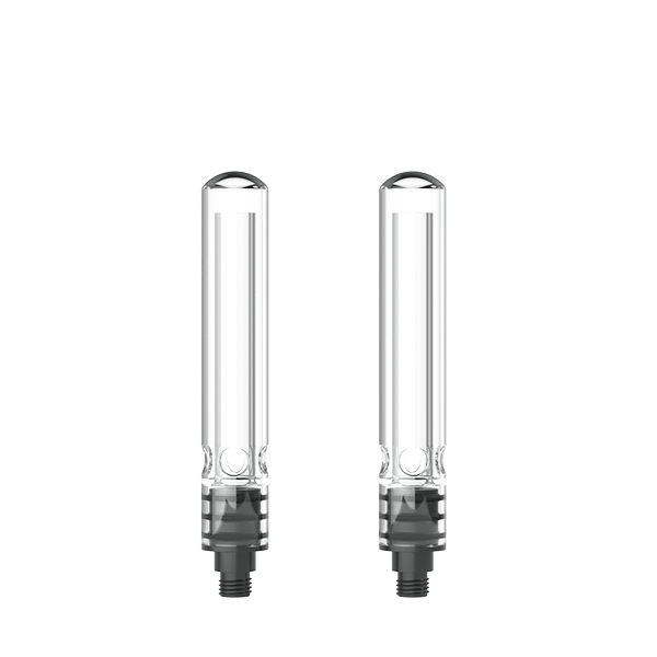 Front-facing pair of Glass Upstems (Small) clear cylindrical glass upstems with threaded black bases on a plain white background