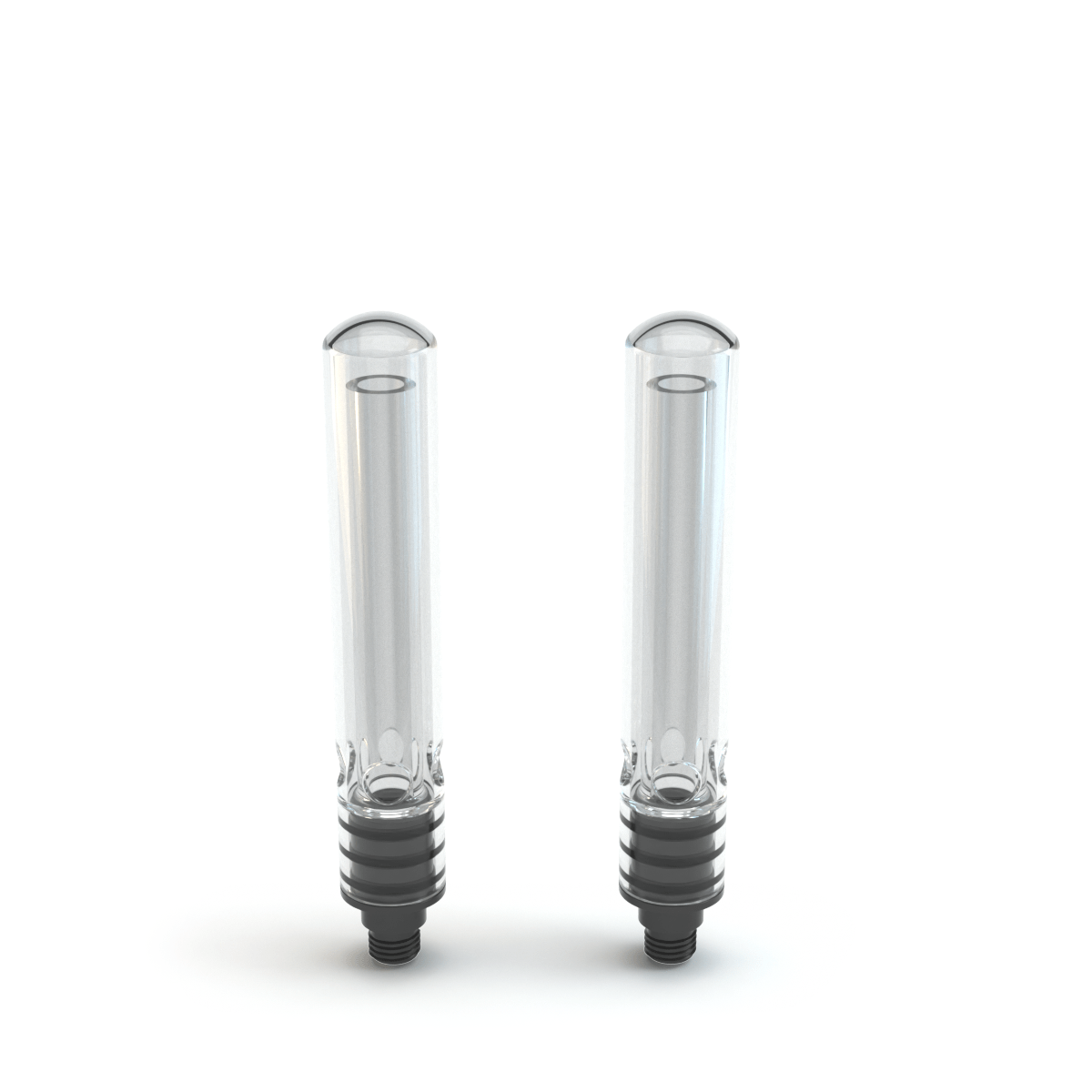 Front-facing pair of Glass Upstems (Small) shown upright on a white background, clear cylindrical glass with black ribbed bases and threaded metal ends.
