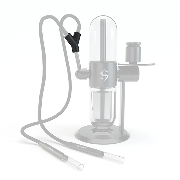 A studio shot of the black Hose Splitter, showing two clear hoses branching from a central connector.