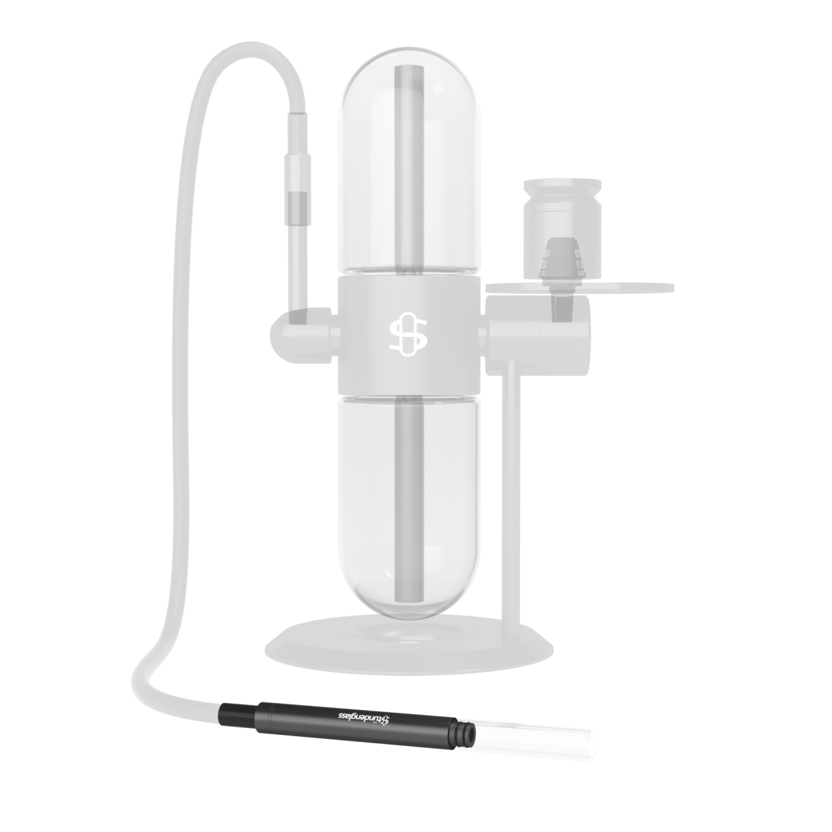 Front-angle view of the black Hose Wand lying coiled in front of a translucent rig, showing its slim cylindrical handle and clear mouthpiece.