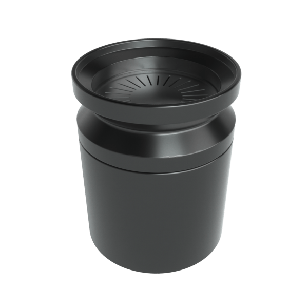 Angled top-down view of the matte black Infusion Chamber showing its grooved inner lid and smooth cylindrical body