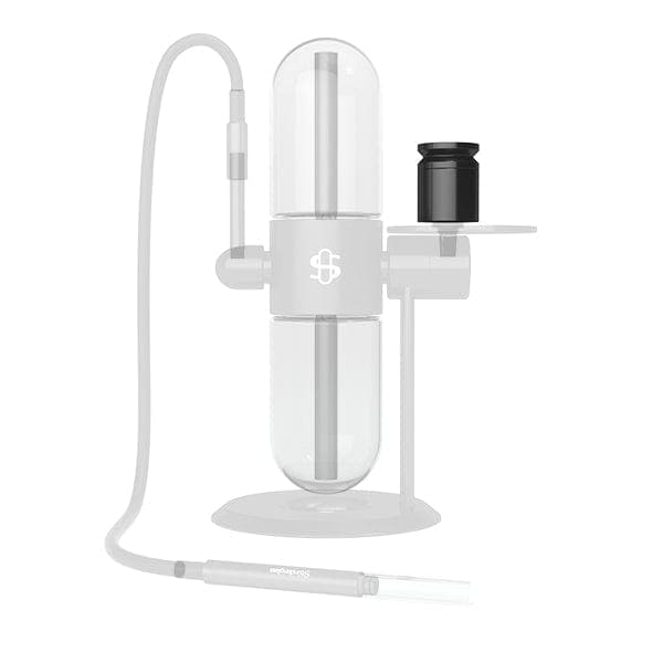 Front-facing studio shot of the Infusion Chamber showing its clear vertical glass capsule, central metal stem, side hose and black mouthpiece on a white background