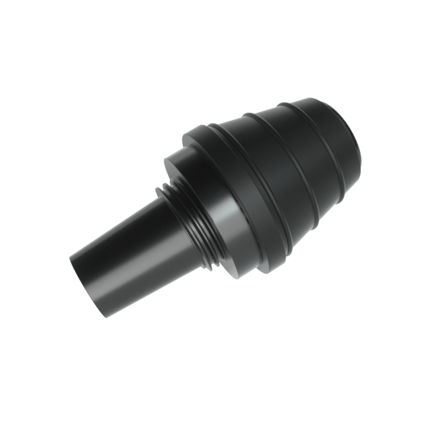 A detailed angled view of the Infusion Chamber Adapter, showcasing its dark, cylindrical form and threaded connection.