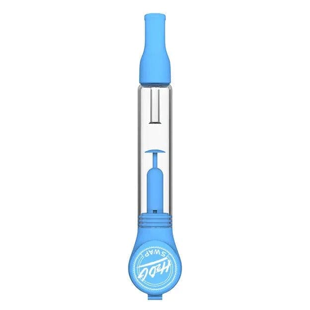 Center-frontal view of the H20G SWAP Silicone and Glass Bong standing vertical on a white background, showing its clear glass chamber and blue silicone mouthpiece and base.