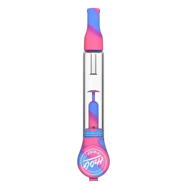 Centered front view of the H20G SWAP Silicone and Glass Bong against a white background, showing its clear glass chamber and pink-and-blue swirled silicone mouthpiece and base.