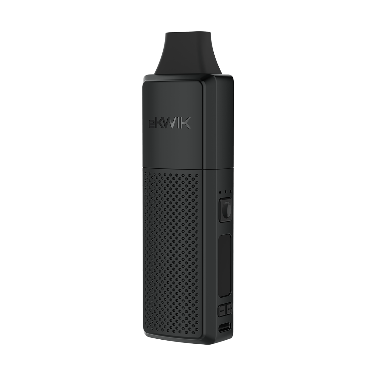 Front view of the eKWIK, a black cylindrical device with a glossy finish and a subtle port detail.