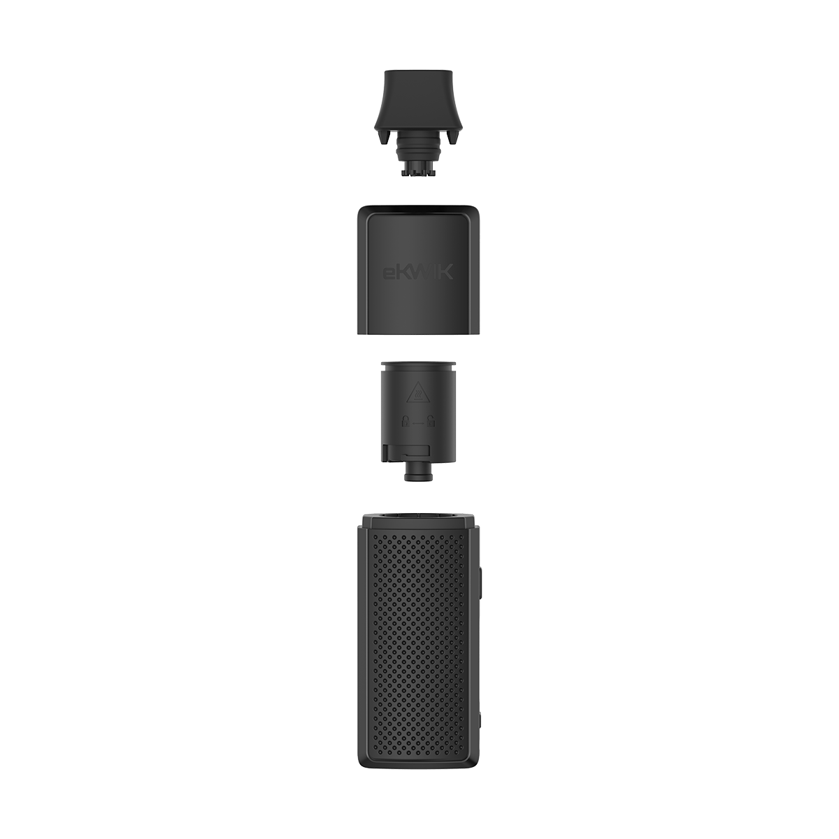 A close-up, angled view of the eKWIK, showcasing its black, cylindrical shape against a neutral background.