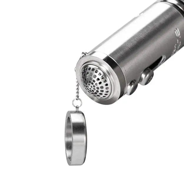 Close-up of the H20G Sunpipe Stainless Steel & Glass Water Pipe joint, showcasing the clean metal and glass connection.