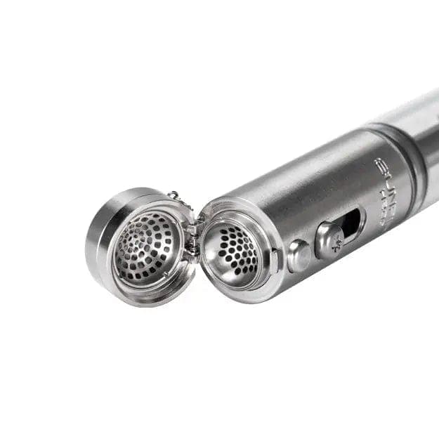 Close-up view of the H20G Sunpipe Stainless Steel & Glass Water Pipe joint, featuring a textured metal filter within clear glass.