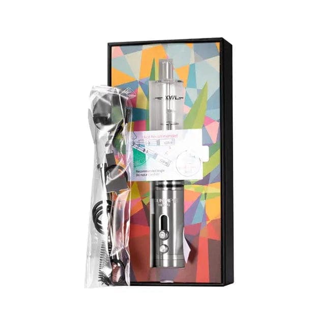 Front view of the H20G Sunpipe Stainless Steel & Glass Water Pipe presented in its packaging against a vibrant, geometric background.