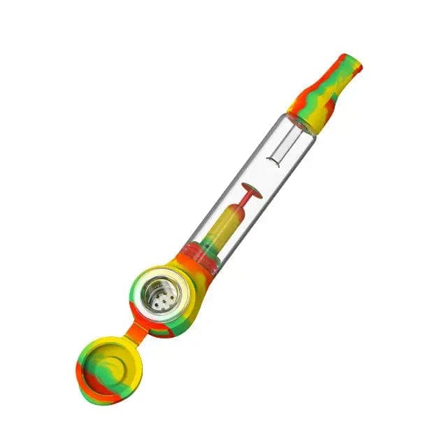 Angled top-down view of the Lemon H20G SWAP Silicone and Glass Bong showing its clear glass chamber and multicolored silicone mouthpiece and hinged bowl.