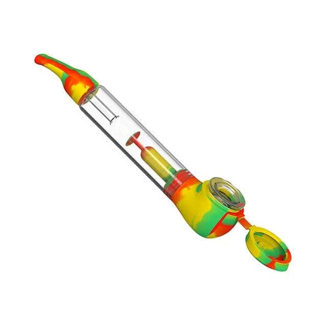Angled studio shot of the H20G SWAP Silicone and Glass Bong in a swirled red, yellow, and green "One-Love" pattern, showing the clear central chamber and open silicone bowl.