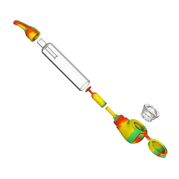 Diagonal exploded view of the H20G SWAP Silicone and Glass Bong showing its clear glass tube and candyfloss-colored silicone components separated along a white background.