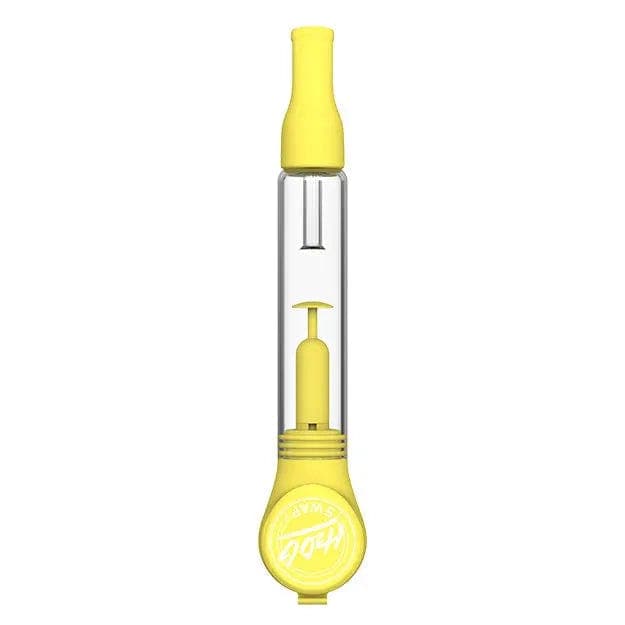 Front view of the H20G SWAP Silicone and Glass Bong with yellow silicone top and base and a clear glass chamber showing internal percolator.