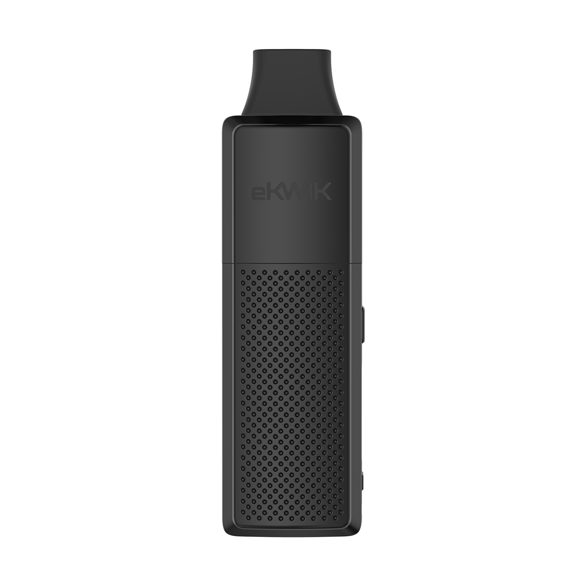 Front view of the eKWIK, a sleek, black device with a minimalist design, set against a neutral gray background.