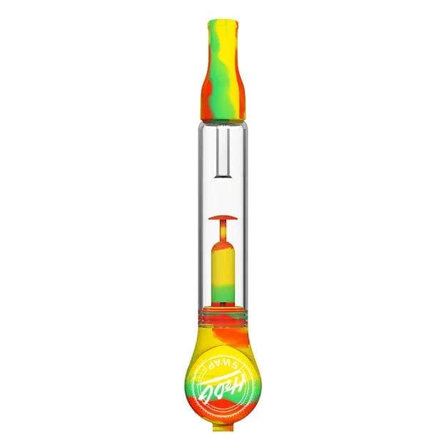 Straight-on view of the H20G SWAP Silicone and Glass Bong with a clear glass chamber and rasta-striped silicone mouthpiece and base.