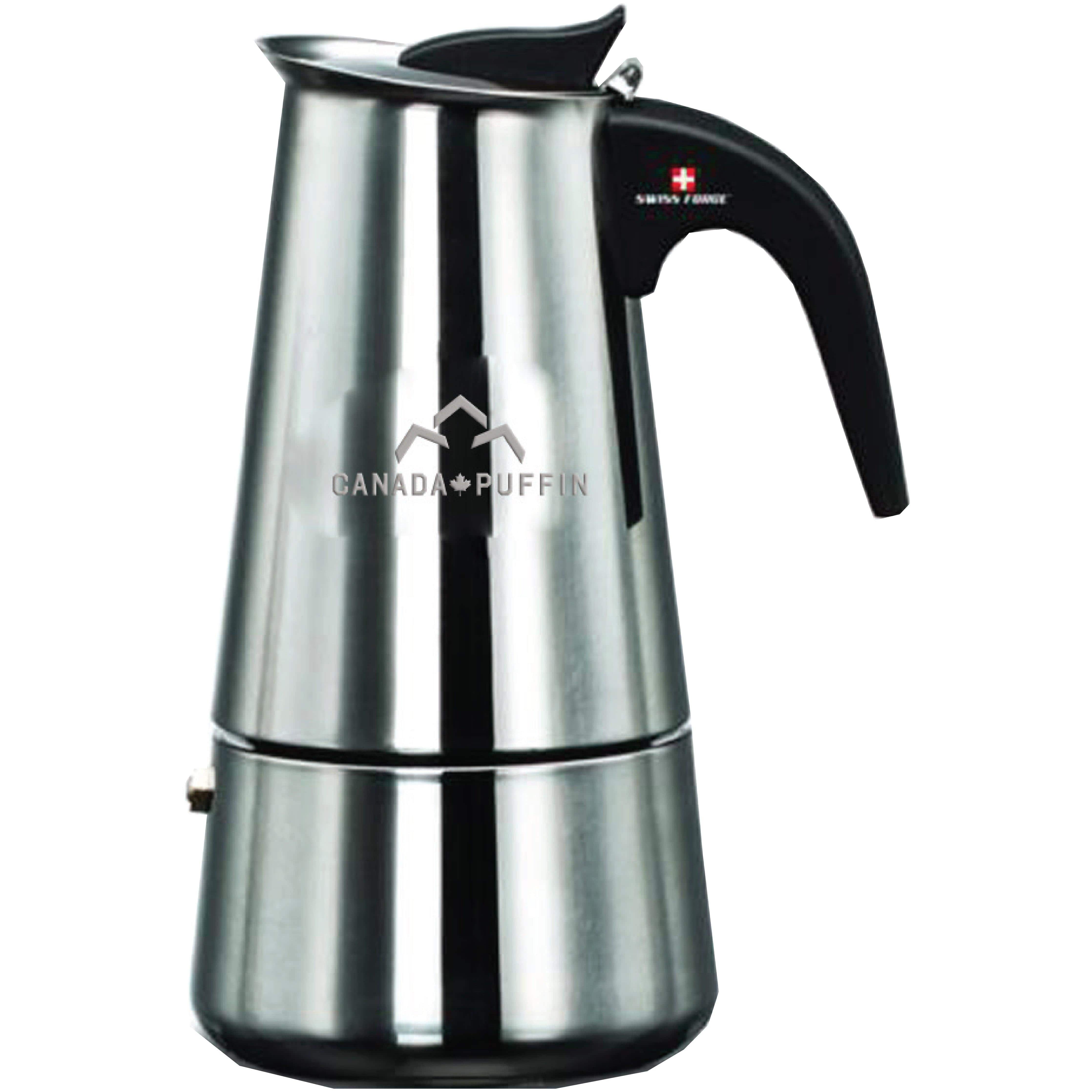 A front view of the Cannabutter Maker, a stainless steel pot with a long, curved handle and spout.