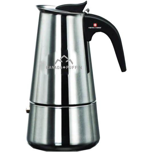 A front view of the Cannabutter Maker, a stainless steel pot with a long, curved handle and spout.
