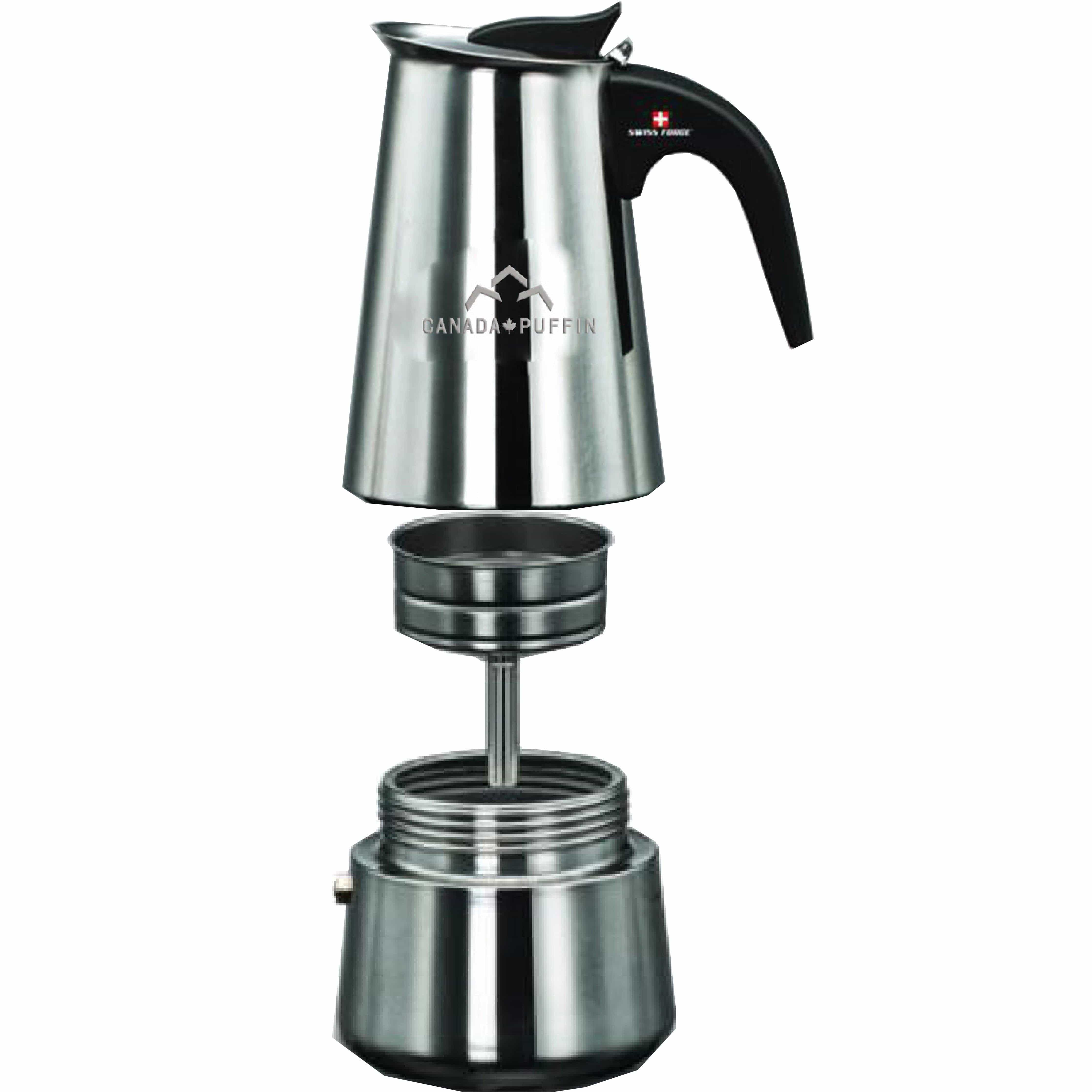 A front view of the Cannabutter Maker, showing its stainless steel construction with a disassembled cylindrical design.